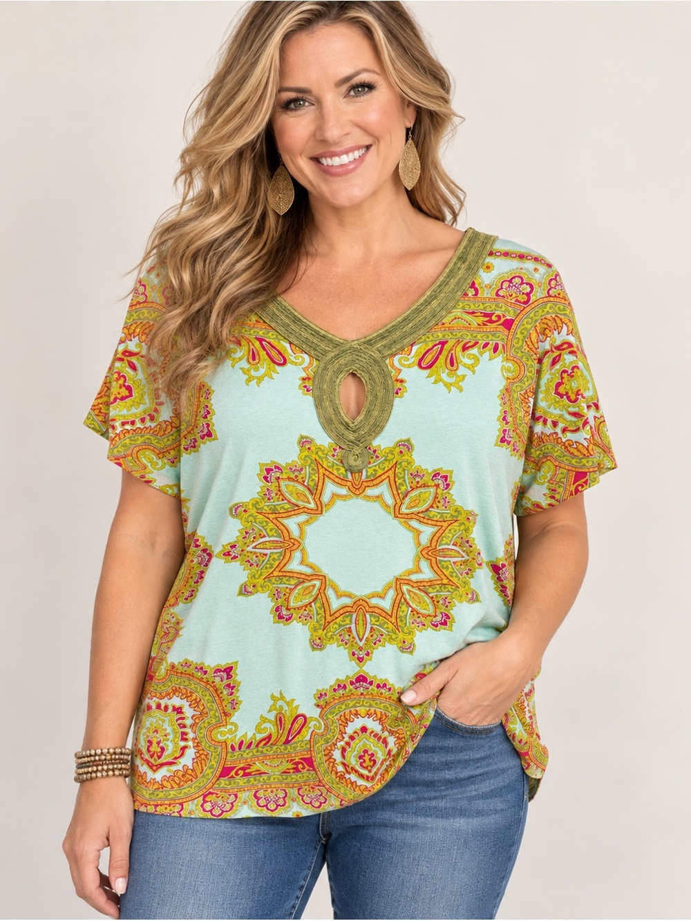 Pazazz Creations Paisley Boho Keyhole Top Mint Green Size Unknown